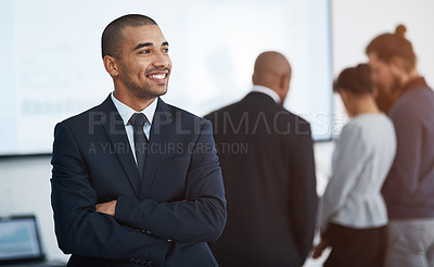 Buy stock photo Thinking, business man and arms crossed in a corporate boardroom with professional management. Vision, executive and African male manager at a workplace with leadership motivation and job idea