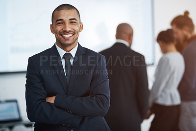 Buy stock photo Happy, business man and arms crossed portrait in a corporate board room with professional worker. Success, company and African male manager at a office workplace with smile and startup vision
