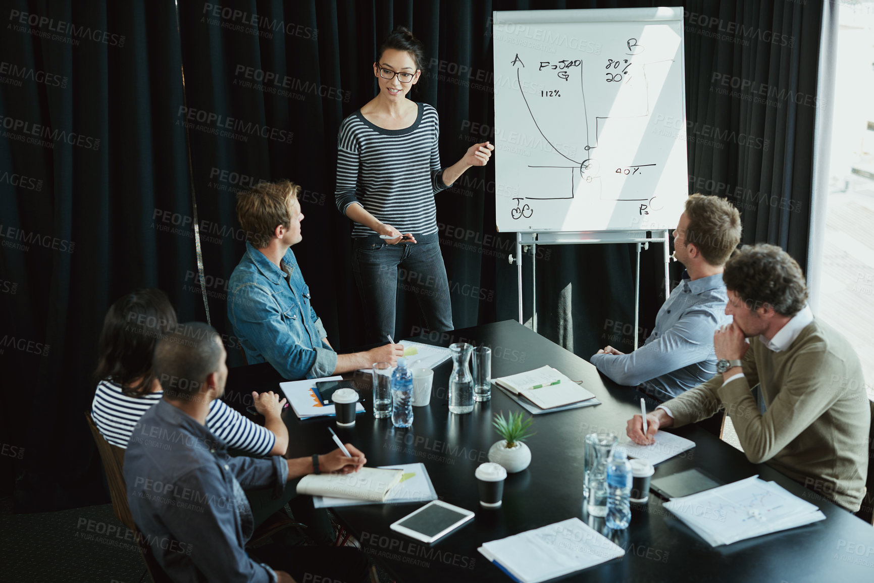 Buy stock photo Woman, presentation and group in boardroom for meeting, business planning and white board demonstration. Presenter, company and goal or information with strategy, collaboration or professional