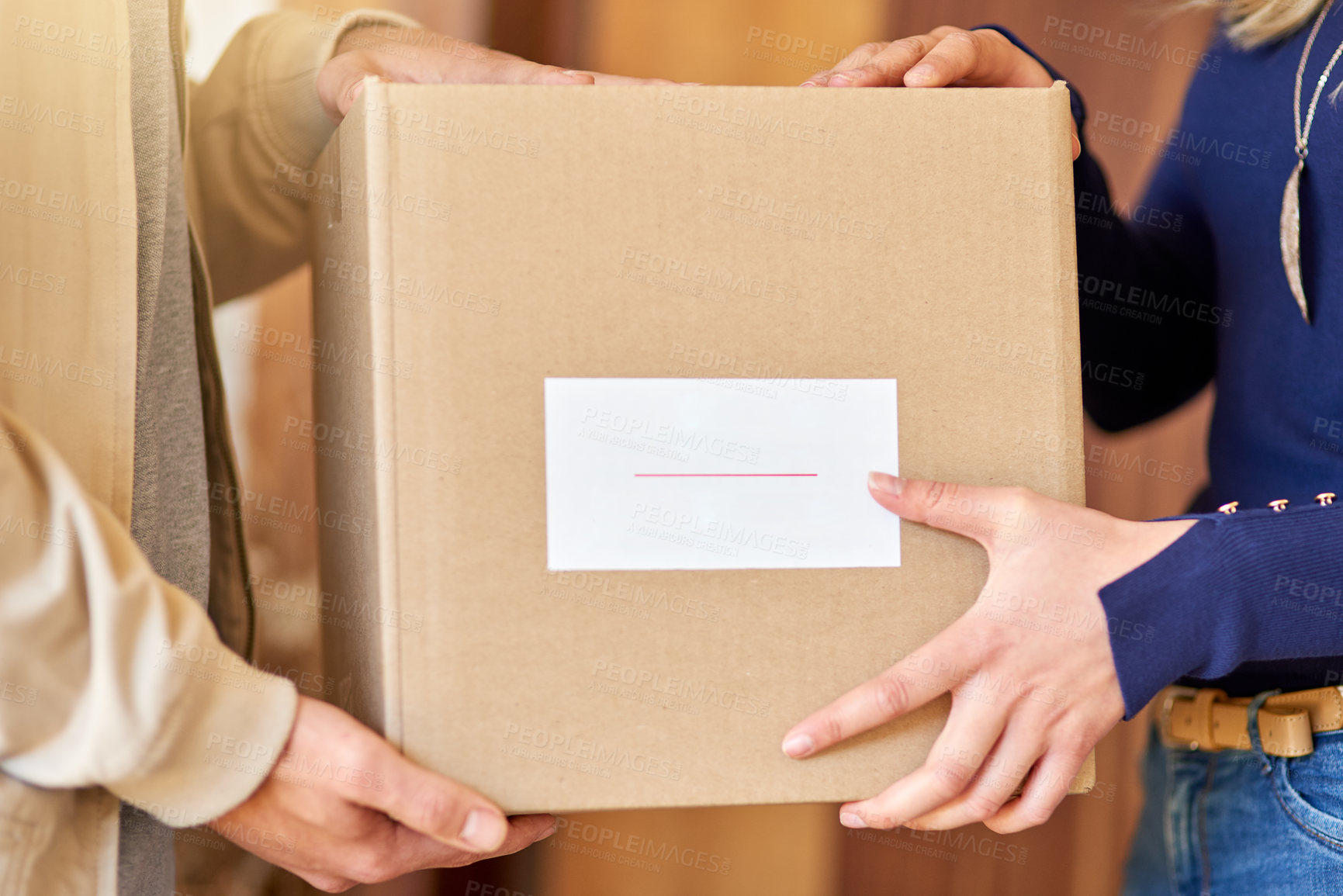 Buy stock photo Person, hands and delivery with box for customer, shipping or order from purchase by door at home. Closeup of shopper with package, parcel or cargo for courier service, logistics or shipment at house
