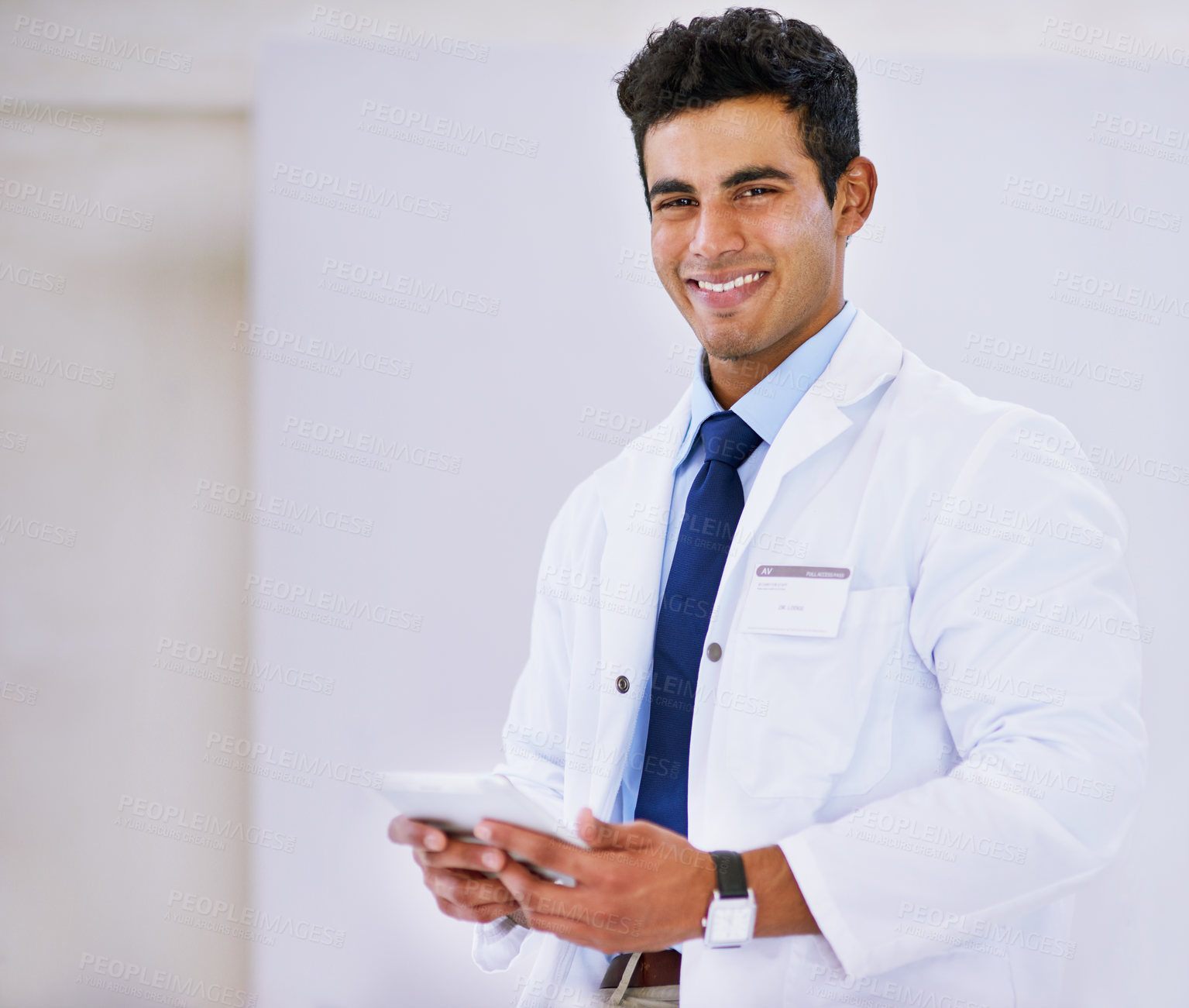 Buy stock photo Scientist, man and tablet in portrait with smile for job at pharmaceutical company in lab for medical innovation. Person, technician and happy on touchscreen for research, app and notification on web