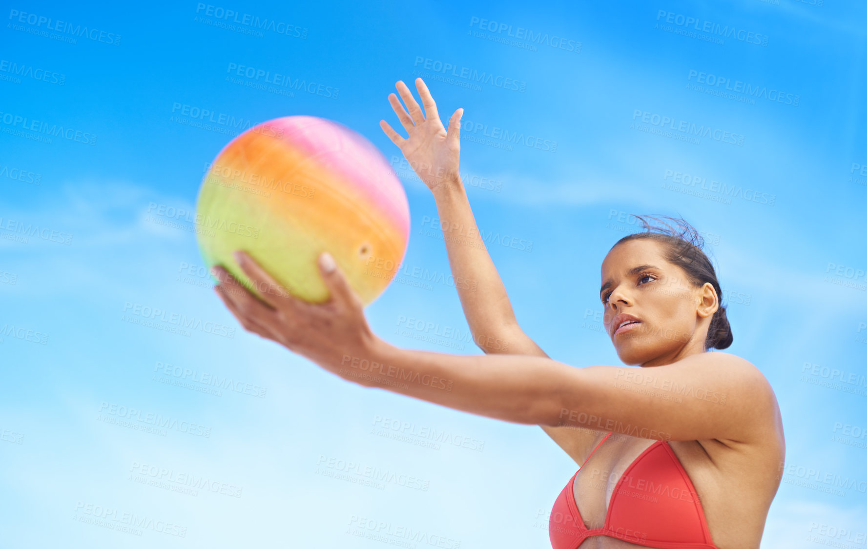 Buy stock photo Beach, volleyball and woman with fitness, sunshine and weekend break with recreation and activity. Person, athlete and girl with fun and playing with workout and hobby for wellness, summer or healthy
