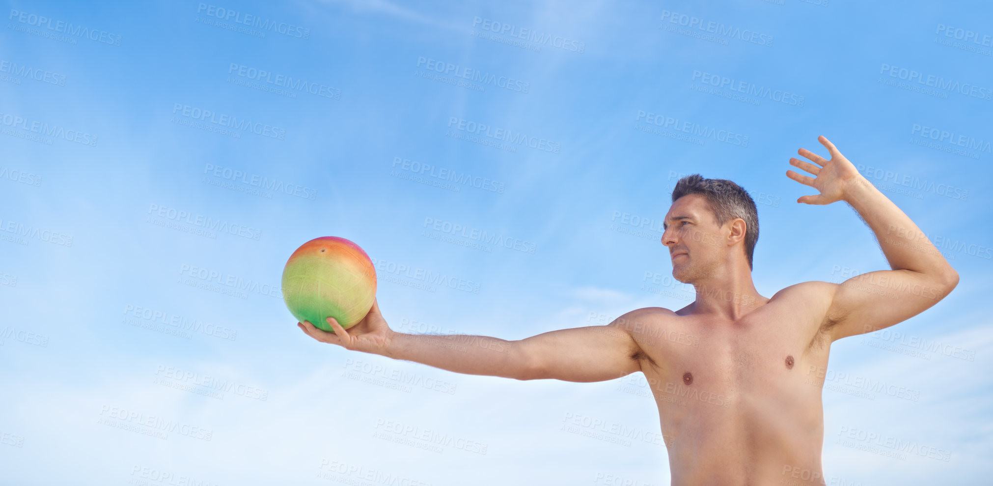 Buy stock photo Beach, volleyball and man with fitness, summer and weekend break with recreation and activity. Person, athlete and guy with fun and playing with workout and hobby for wellness, sunshine or healthy