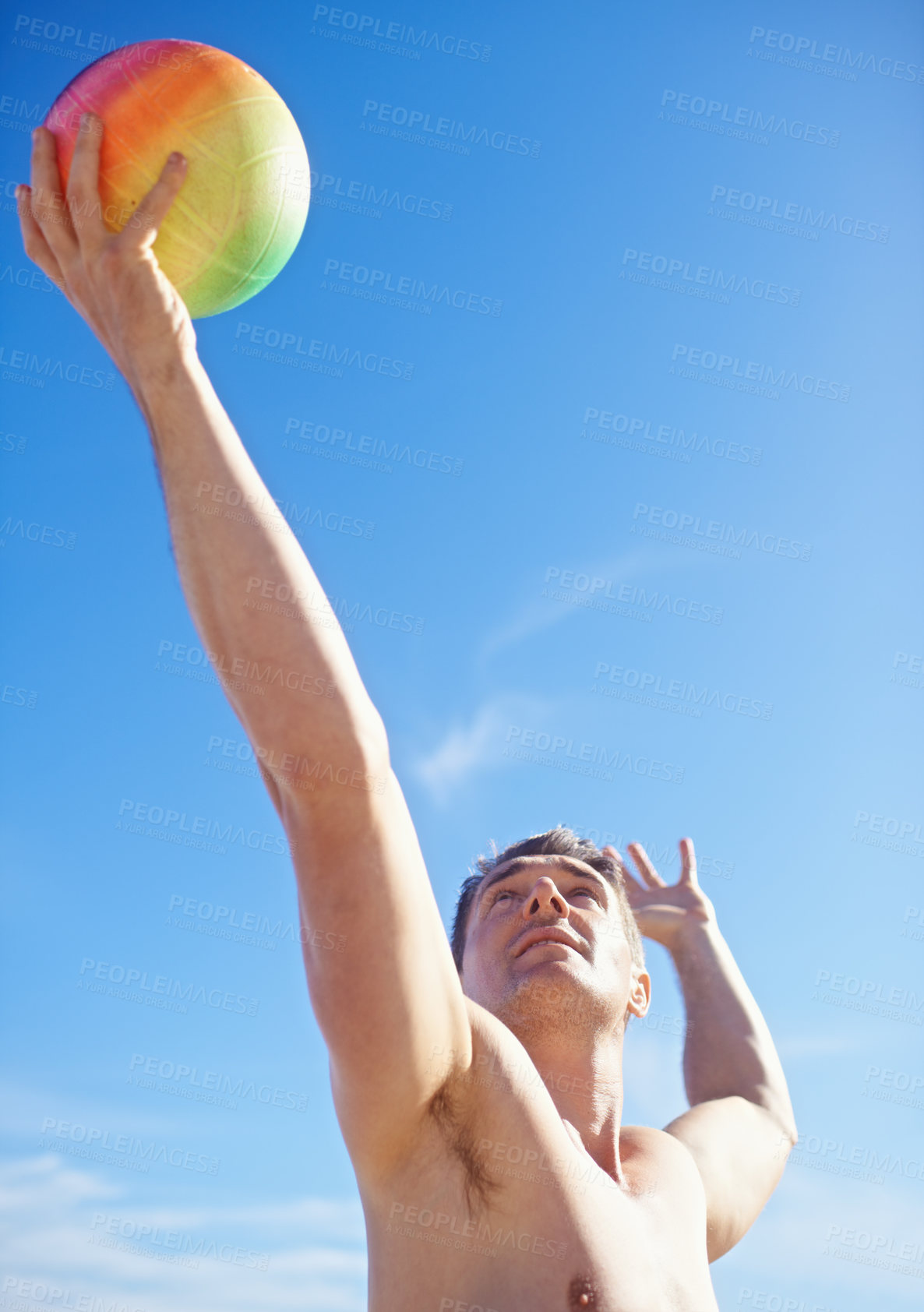 Buy stock photo Beach, volleyball and man with fitness, holiday and sunshine with player and workout for wellness. Person, athlete and guy with summer and seaside with training and practice for health and vacation