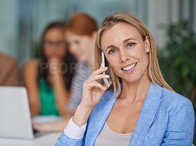 Buy stock photo Portrait, phone call and woman at meeting in office for networking, negotiation or conversation. Communication, businesswoman or advisor on smartphone for consulting, connection or agenda at startup