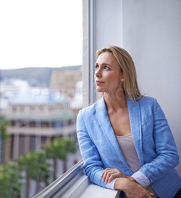 Buy stock photo Thinking, window and business woman in office with idea, brainstorming project or planning. Professional worker, city view and thoughtful person for strategy, problem solving or solution in workplace