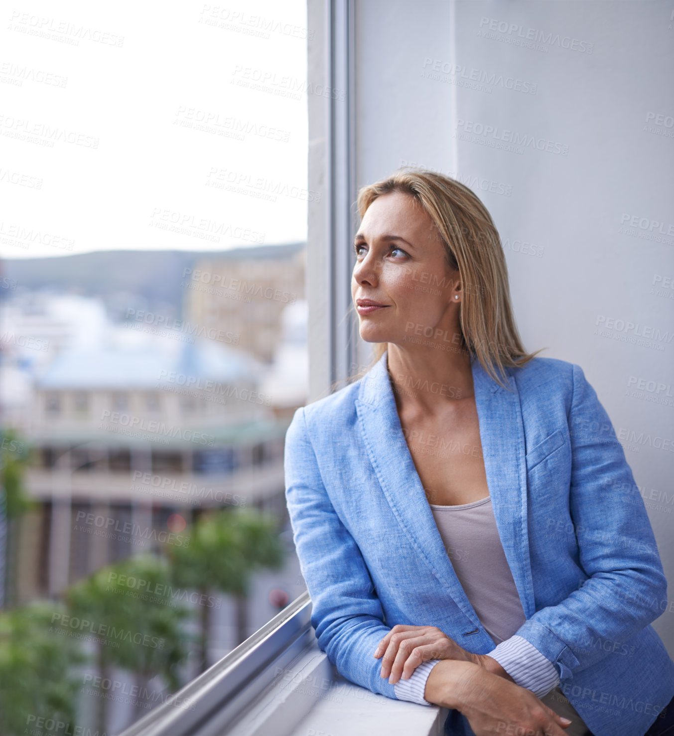 Buy stock photo Thinking, window and business woman in office with idea, brainstorming project or planning. Professional worker, city view and thoughtful person for strategy, problem solving or solution in workplace