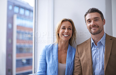 Buy stock photo Corporate, teamwork and portrait of business people in office for collaboration, partnership and working together. Professional, happy workers and man and woman with confidence for career and job