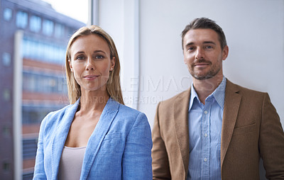 Buy stock photo Professional, teamwork and portrait of business people in office for collaboration, partnership and working together. Corporate, happy workers and man and woman with confidence for career and job