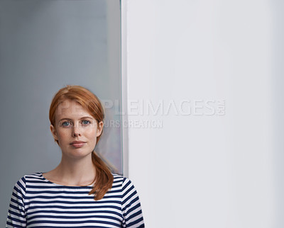 Buy stock photo Serious, business and portrait of woman in office with confidence, pride and mockup space. Professional, consultant and face of person for career, job and working for startup company in workplace