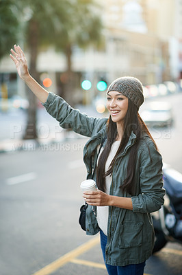 Buy stock photo Woman, fashion and ride with call, urban and city street or background for style. Asian student, beanie and jacket in cape town with winter, cold and travel with adventure or holiday for confidence