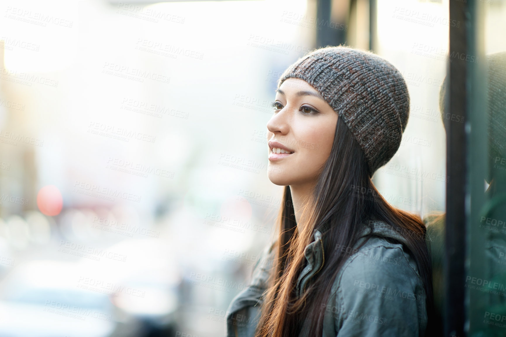 Buy stock photo Wall, outdoor and woman with smile, thinking and relax with daydreaming, profile and happiness. Confident, Asian girl and female person wondering of idea with concentration with style in China