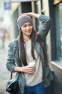 Buy stock photo Thinking, holiday and city with woman, coffee and morning walk with fashion and getaway trip. Person, New York and girl in a road with tea or cappuccino with ideas or urban town with vacation or cold