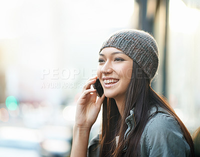 Buy stock photo Phone call, happy and woman with mobile in city for cityscape or urban culture, modern vacation and travel. Female person, smartphone and conversation for connection, side walk and New York for tour.