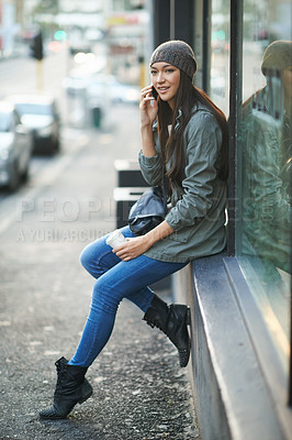 Buy stock photo Phone call, happy and woman with smartphone in city for cityscape or urban culture, modern holiday and travel. Female person, coffee and conversation for connection, side walk and New York for tour.