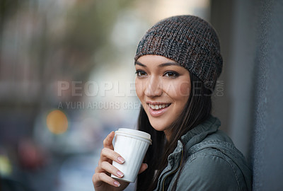 Buy stock photo Thinking, city and smile with woman, coffee and relaxing with winter season and wool cap. Cold weather, person or girl with tea and cappuccino with urban town or knitted beanie with happy in a street