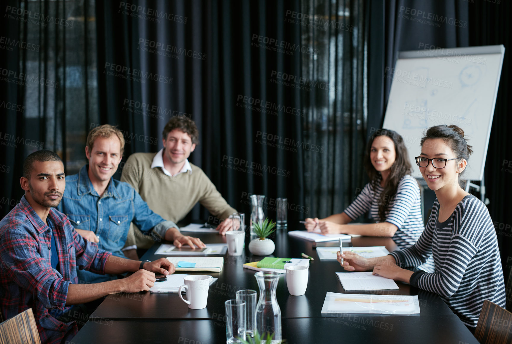 Buy stock photo Portrait, group and happy business people in meeting for coworking, about us or collaboration in startup office. Face, diverse team or creative staff with manager, writer or workers together at table