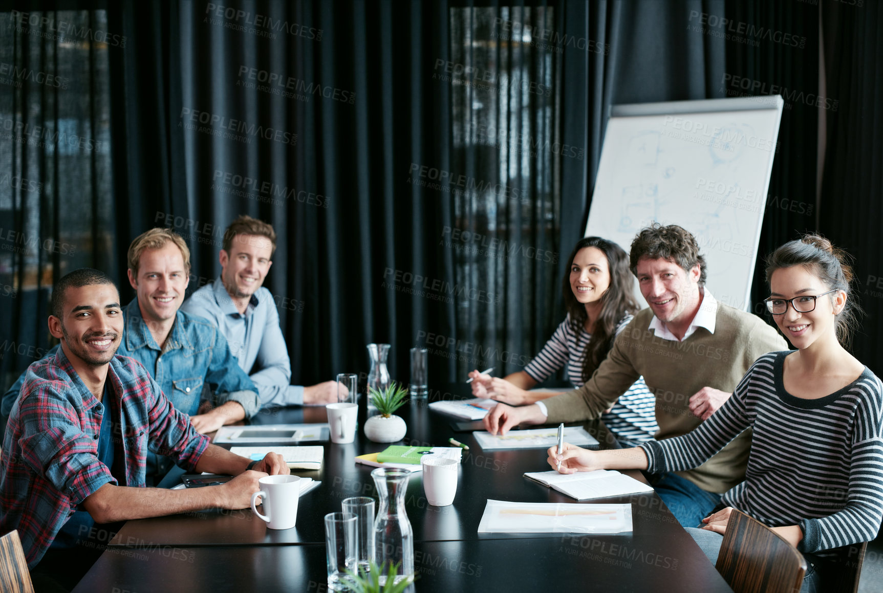 Buy stock photo Portrait, team and happy business people in startup meeting for coworking, about us or collaboration. Face, diverse group or creative staff writing notes with manager, designer or workers together