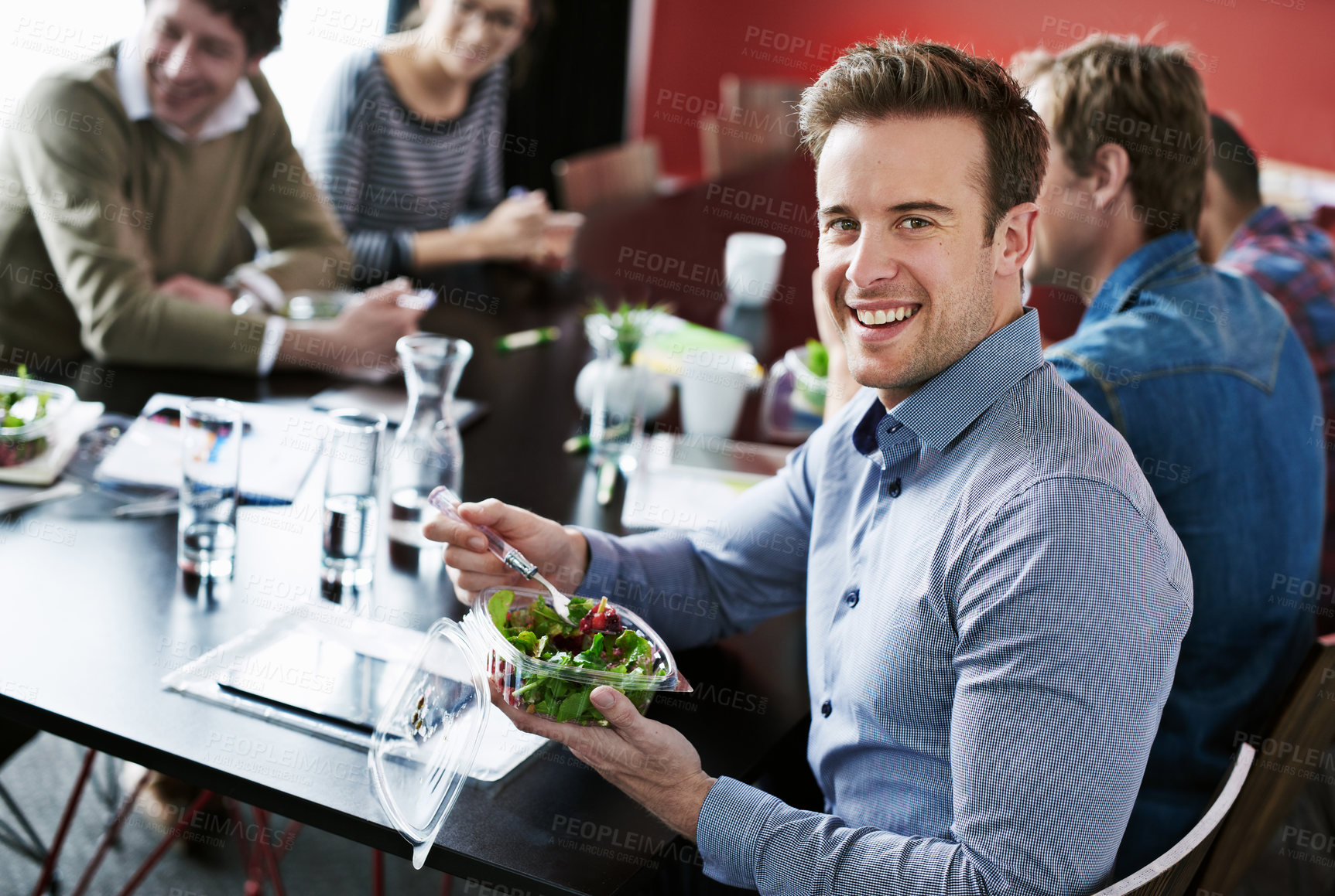 Buy stock photo Office, food and portrait of woman in meeting with salad and team with lunch, and energy for productivity. Coworking, employee and girl with healthy meal and eating with friends in work or cafeteria