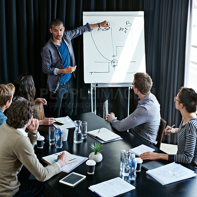 Buy stock photo Shot of a young man giving a presentation on a whiteboard to colleagues sitting around a table in a boardroom
