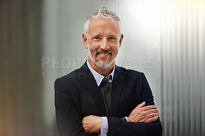 Buy stock photo Portrait, vision and arms crossed with a business man in his office, looking happy about his company growth. Mission, mindset and confidence with a senior male corporate manager standing at work
