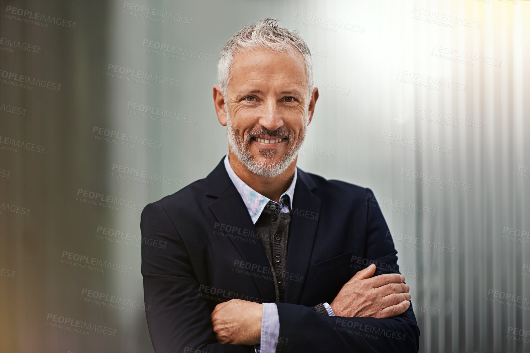 Buy stock photo Portrait, vision and arms crossed with a business man in his office, looking happy about his company growth. Mission, mindset and confidence with a senior male corporate manager standing at work