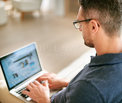 Buy stock photo Man, typing and laptop in home for remote work, networking online and planning a writing project. Computer, research and creative journalist with news, article and productivity on website or email