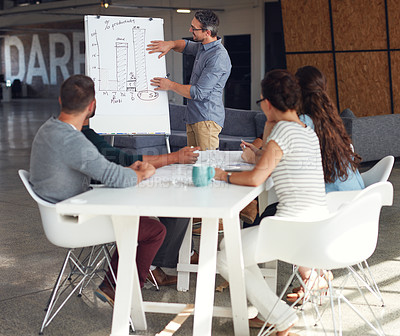 Buy stock photo Shot of a mature man giving a whiteboard presentation to colleagues in an office