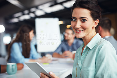 Buy stock photo Smile, portrait and woman in meeting with tablet, research or connectivity for team workshop in office. Happy, face and business people in conference room for creative collaboration at digital agency