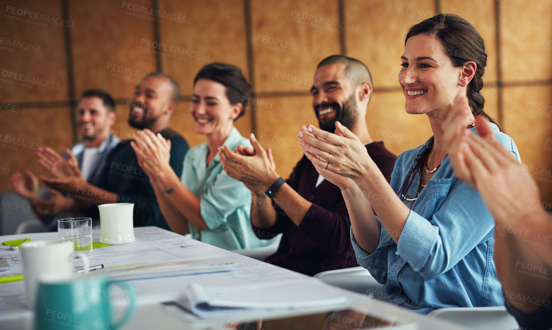 Buy stock photo Office, applause and happy business people in meeting for teamwork, collaboration and celebration. Corporate, diversity and men and women clapping hands for support, achievement and company success