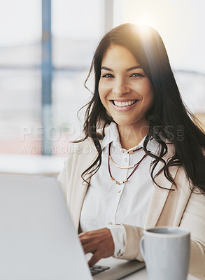 Buy stock photo Happy, laptop and portrait of woman in office for email, research and social media news. Website, technology and internet with corporate employee at desk for networking, information and connection