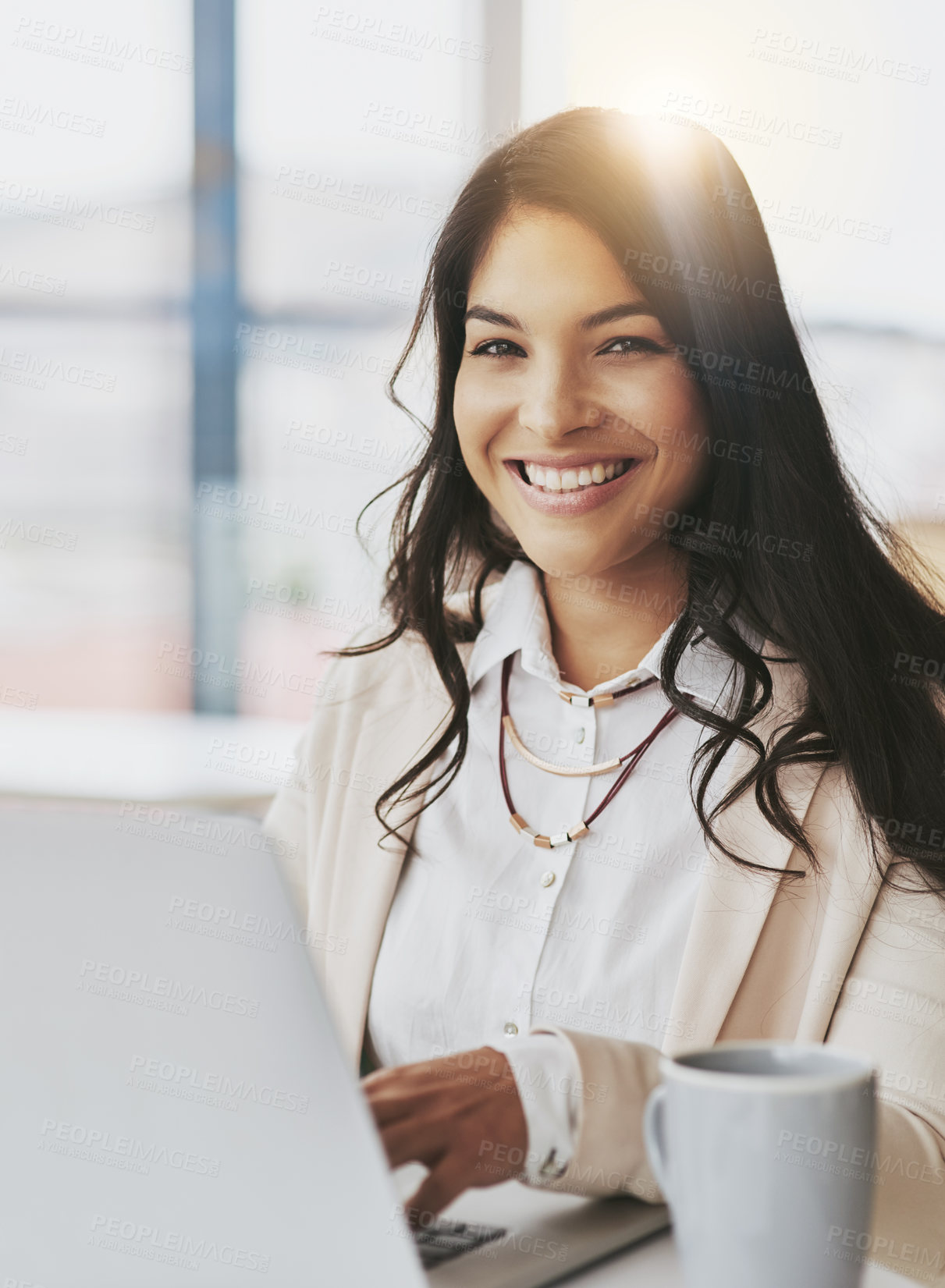 Buy stock photo Happy, laptop and portrait of woman in office for email, research and social media news. Website, technology and internet with corporate employee at desk for networking, information and connection