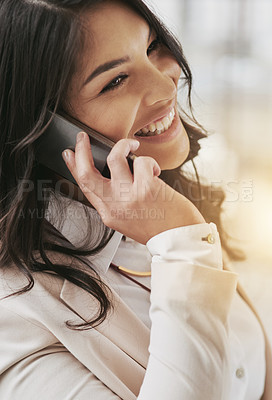Buy stock photo Business woman, phone call and communication with smile, networking and telecom with professional deal negotiation. Happy female employee, corporate and conversation with contact and connection
