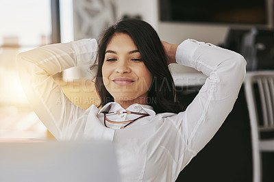 Buy stock photo Happy, rest and business woman with laptop in office complete, done and finished with online project. Productivity, relax and female entrepreneur smile for working on computer, typing email or task
