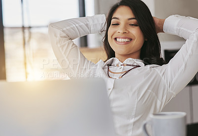 Buy stock photo Relax, happy and business woman with laptop in office complete, done and finished with online project. Productivity, smile and female entrepreneur rest after working on computer, typing email or task