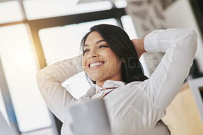 Buy stock photo Rest, happy and business woman in the office with a complete, done and successful project. Relax, smile and professional female corporate employee stretching after working on report in the workplace.