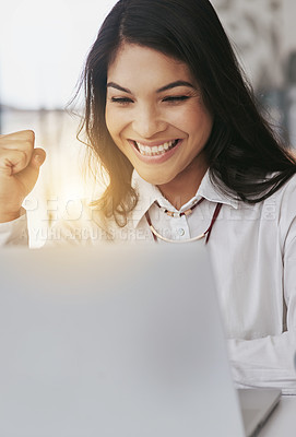 Buy stock photo Laptop, winning and business woman with fist pump for online success, stock market trading and target celebration. Winner, yes and excited professional person on email promotion, lottery or good news