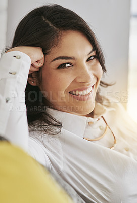 Buy stock photo Business woman, face and happiness in portrait with success, professional mindset and corporate lawyer at office. Smile, mission and career, female relax on break at law firm in Mexico and confident