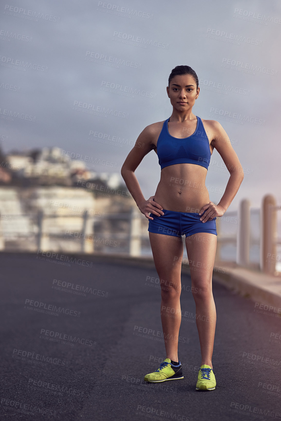 Buy stock photo Girl, portrait and road with fitness in city for exercise, workout and ready for training with mockup. Athlete, wellness and person with underwear, confidence and sportswear in street for running