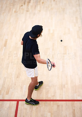 Buy stock photo Man, squash player or top view of racket to hit ball in indoor court game for fitness, cardio training or exercise. Workout, wellness or athlete playing sports on floor with motion, action or power