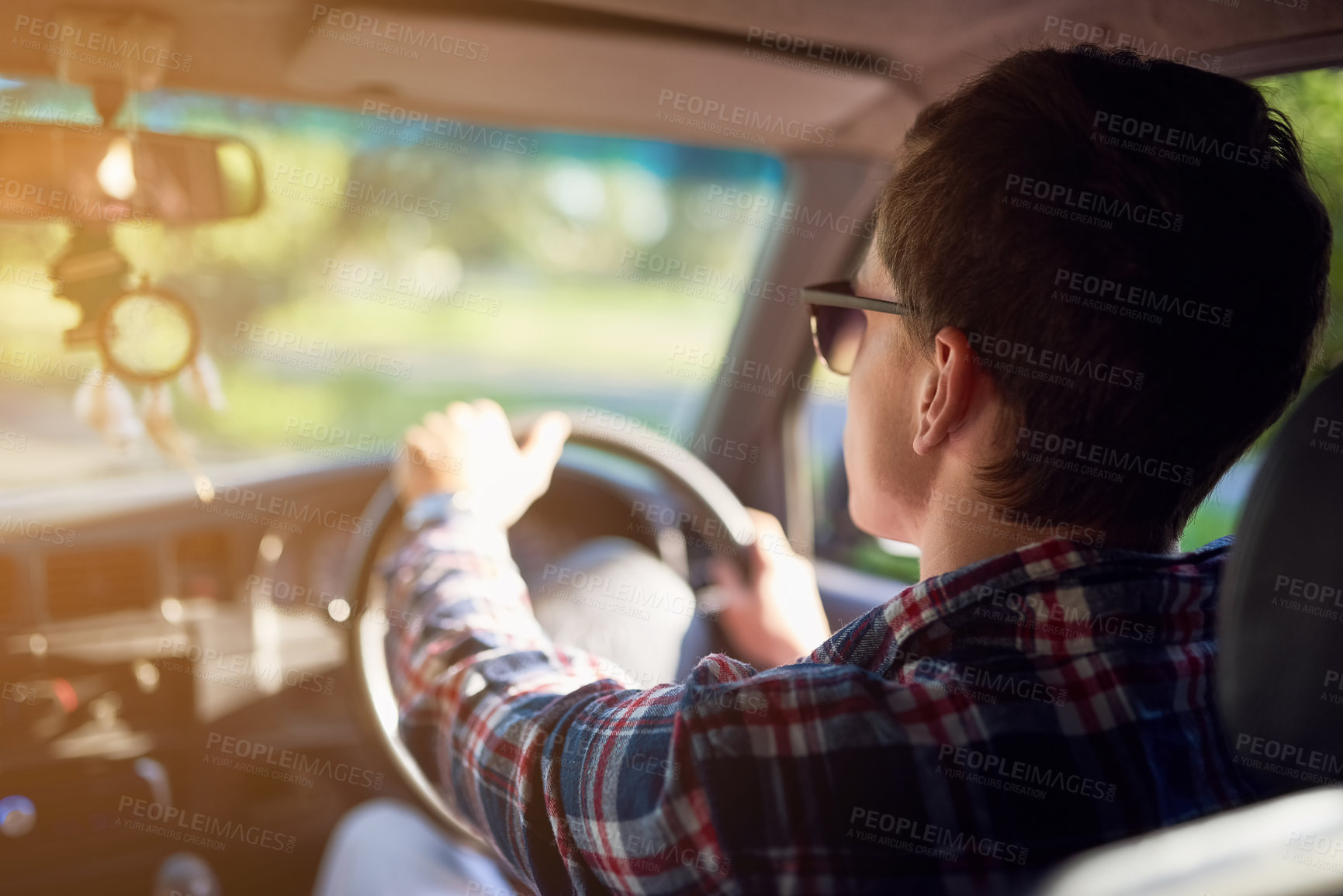 Buy stock photo Man, driving and car in summer on weekend for relax in sunglasses on road for journey or travel. Explore, adventure and automobile therapy with stress management for freedom, control and enjoyment.