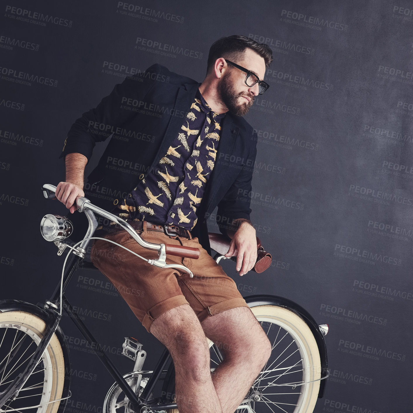 Buy stock photo Man, vintage and bicycle in studio with fashion for eco travel, transport and trendy style with glasses. Cyclist, relaxed and weekend isolated on dark background with casual wear, clothing and cool.