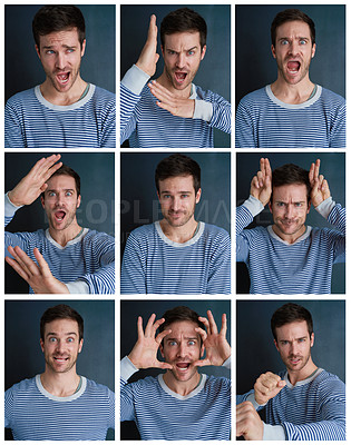 Buy stock photo Composite shot of a young man pulling funny faces in studio