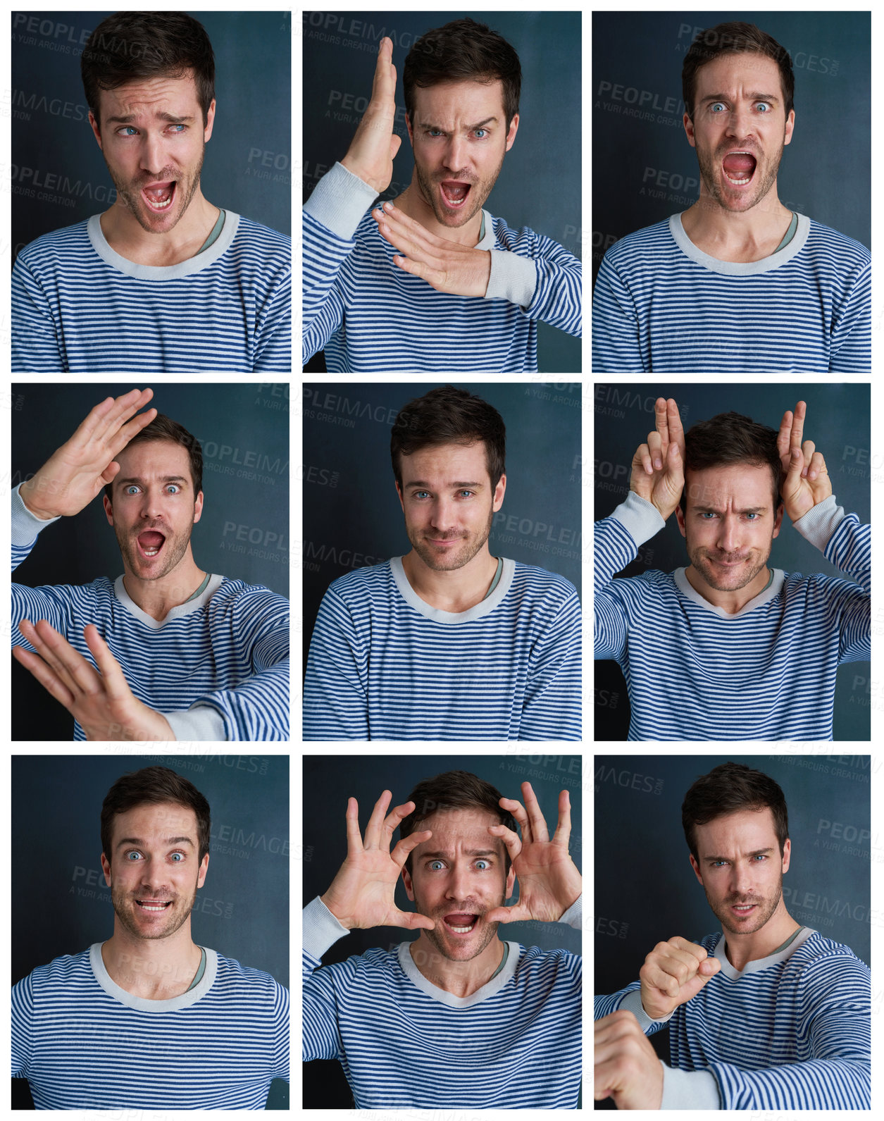 Buy stock photo Composite shot of a young man pulling funny faces in studio