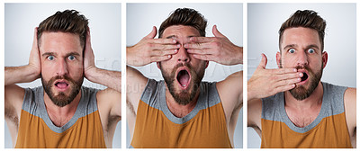 Buy stock photo Composite shot of a young man pulling funny faces in studio