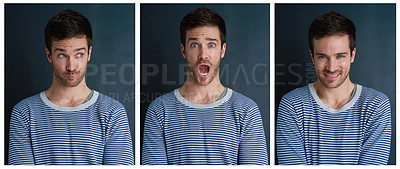 Buy stock photo Composite, portrait and man with expressions or funny faces in studio for shock, wow and happy or surprise. Male person, collage and comic emotion isolated on backdrop for meme, joke and smile