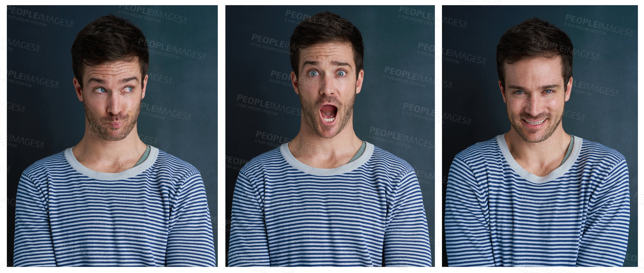 Buy stock photo Composite, portrait and man with expressions or funny faces in studio for shock, wow and happy or surprise. Male person, collage and comic emotion isolated on backdrop for meme, joke and smile