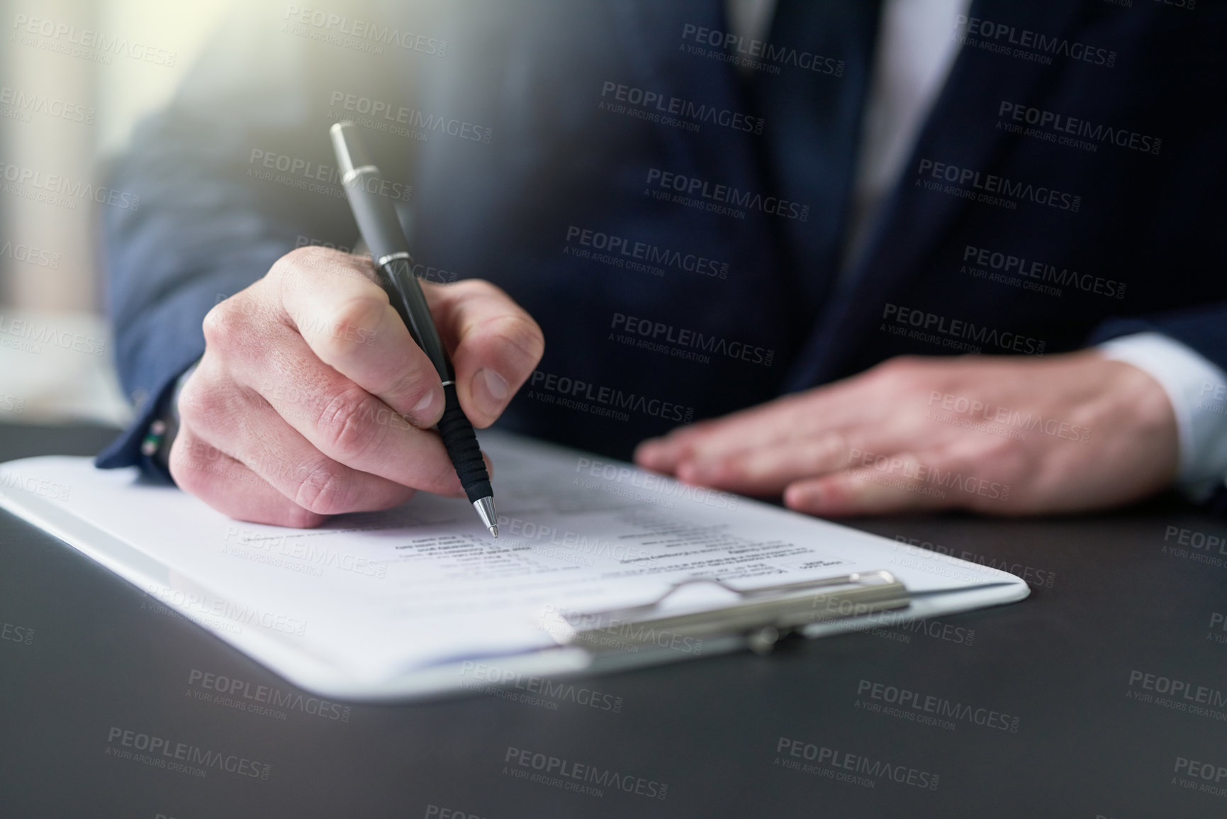 Buy stock photo Businessman, hand and writing on document for signature for legal contract, agreement or deal for partnership as Lawyer. Attorney, paperwork and compliance, information or application for negotiation