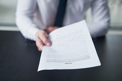 Buy stock photo Cropped shot of a job hunter handing in a resume in an office