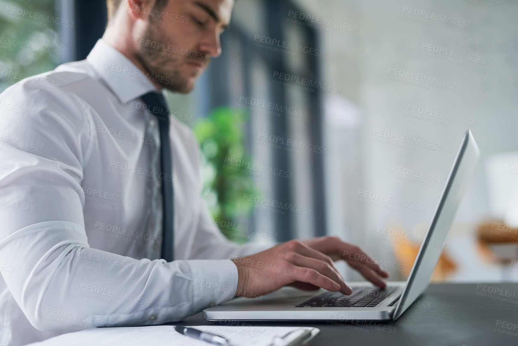 Buy stock photo Hands, laptop and report with business man typing at desk in office for email, feedback or review. Administration, computer and research with employee in workplace for management or planning